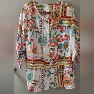 Holston Linen Tunic Multicolor Floral Blouse. Sz 1X